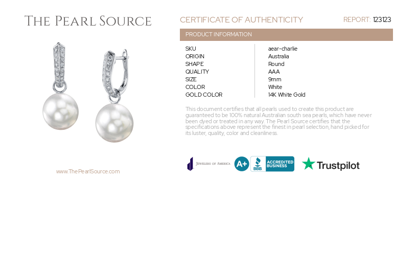 14K Gold White South Sea Pearl & Diamond Charlie Earrings-Certificate