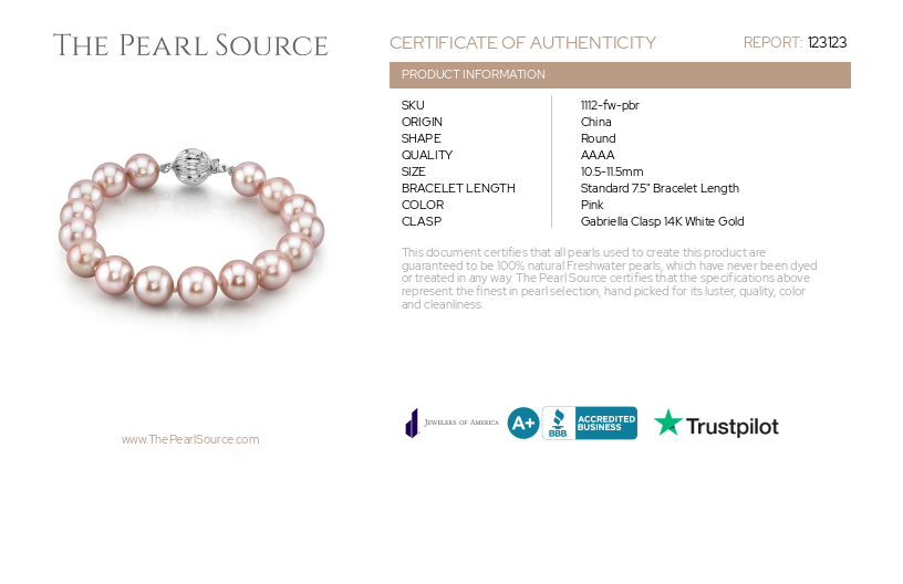 10.5-11.5mm Pink Freshwater Pearl Bracelet - AAAA Quality-Certificate