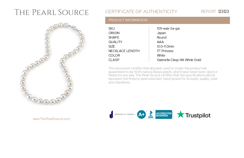 10.0-10.48mm Japanese Akoya White Pearl Necklace - GIA Certified-Certificate