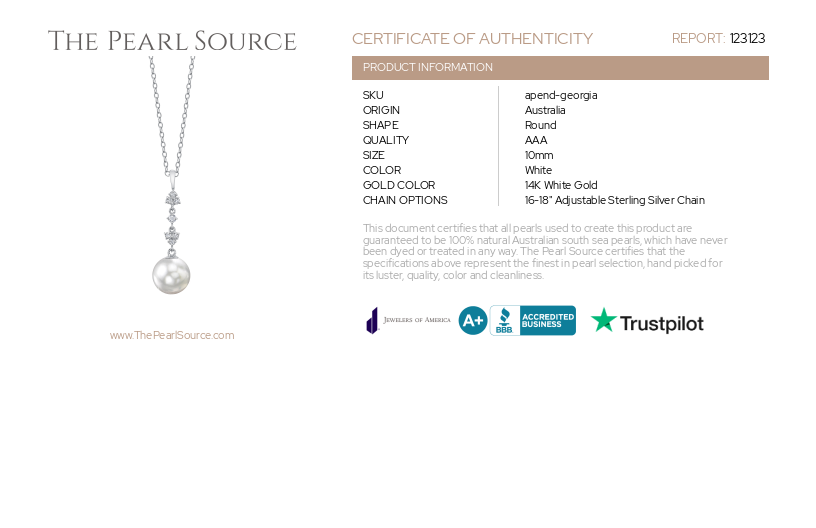 White South Sea Pearl & Lab Grown Diamond Georgia Pendant-Certificate