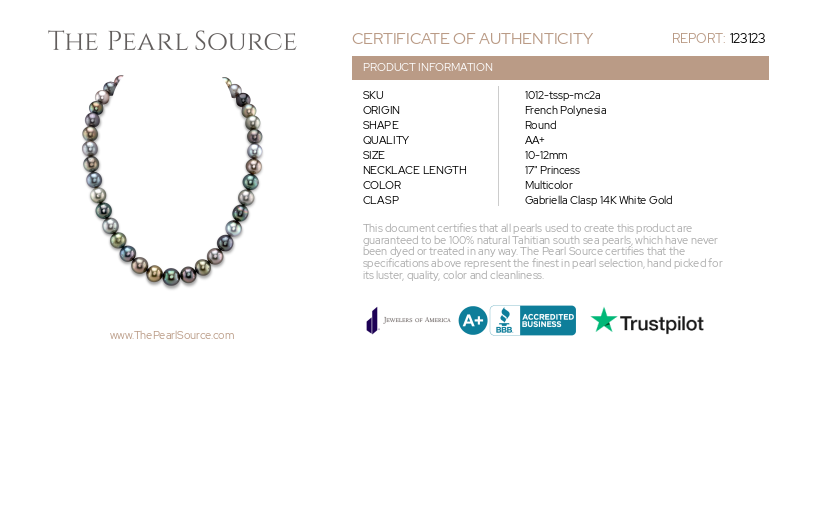 10-12mm Tahitian South Sea Pearl Multicolor Necklace-Certificate