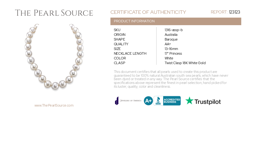 13 -16mm White South Sea Baroque Pearl Necklace-Certificate