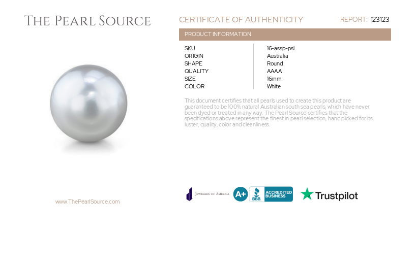 16.1mm White South Sea Loose Pearl - PSL Certified-Certificate