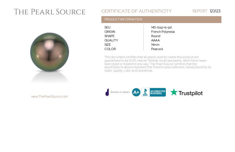 14mm Tahitian South Sea Peacock Pearl - PSL Certified-Certificate