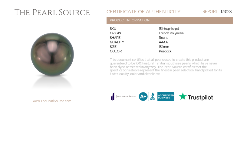 15.1mm Tahitian South Sea Peacock Pearl - PSL Certified-Certificate