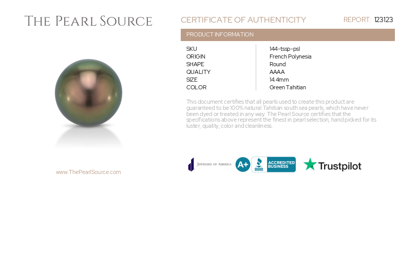 14.4mm Tahitian South Sea Pearl - PSL Certified-Certificate