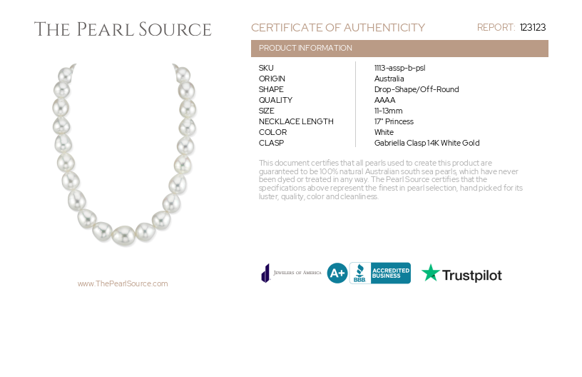 11-13mm White South Sea Drop Shape Pearl Necklace - PSL Certified-Certificate