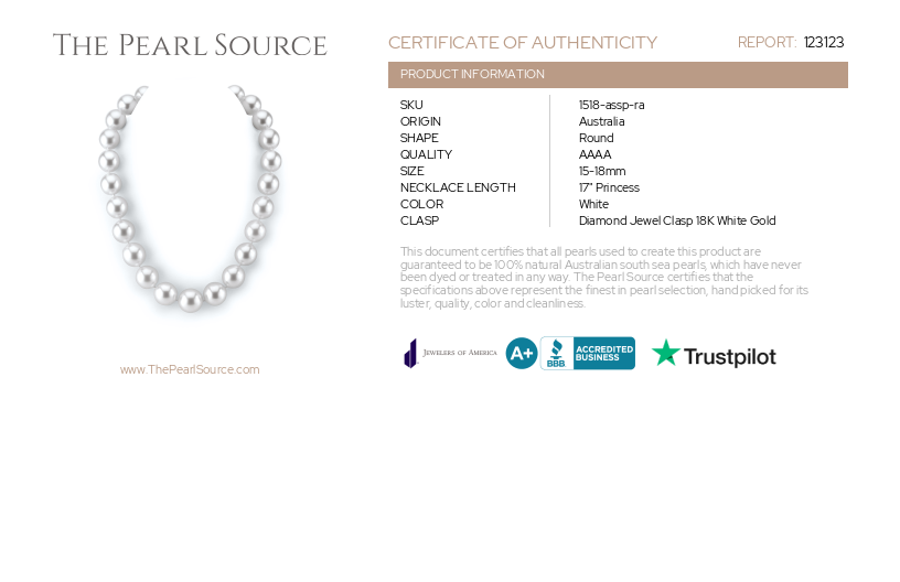15-18mm Round White South Sea Pearl Necklace - AAAA Quality GIA Certified-Certificate