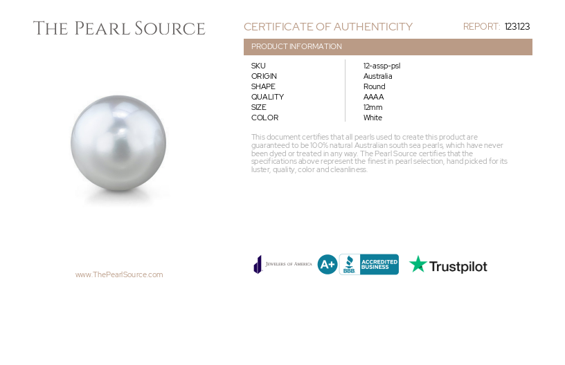12mm White South Sea Loose Pearl - PSL Certified-Certificate