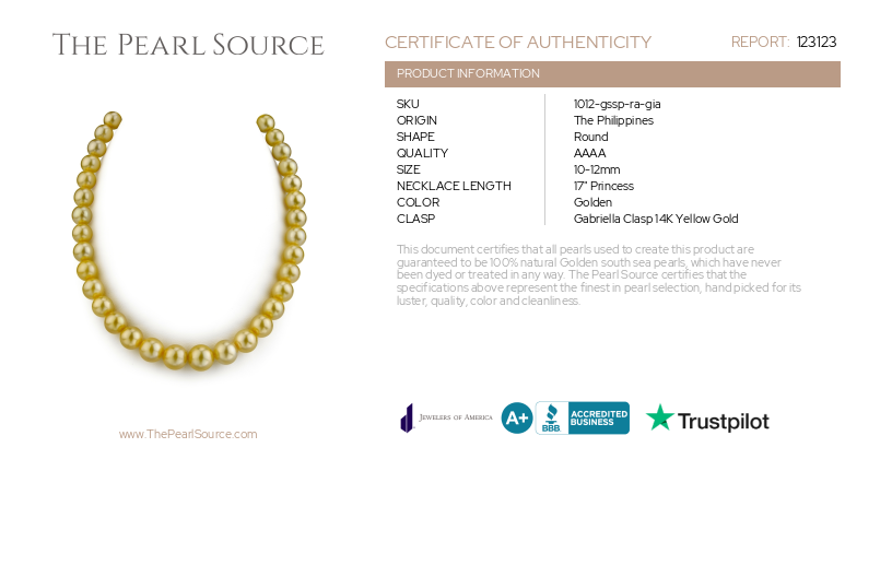 10-12mm Goldene Südsee-Rundperlenkette AAAA-Qualität - GIA-zertifiziert - Zertifikat