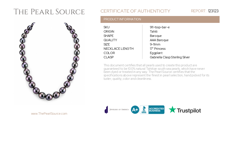 9-11mm Aubergine Tahiti Südsee Barock-Perlenkette-Zertifikat