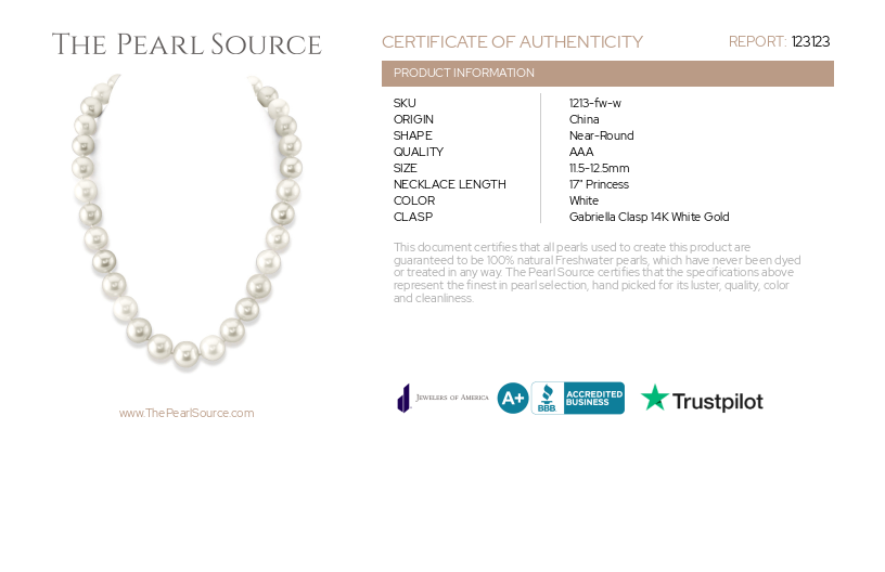 11.5-12.5mm White Freshwater Pearl Necklace - AAA Quality-Certificate