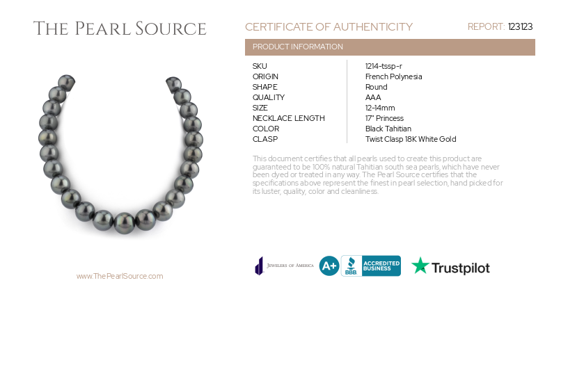 12-14mm Dark Round Tahitian South Sea Pearl Necklace - AAA Quality-Certificate