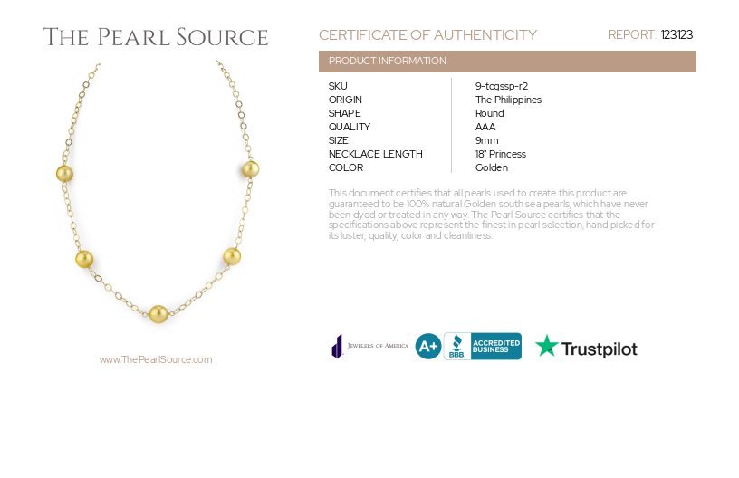 Golden South Sea Round Pearl Tincup Necklace-Certificate