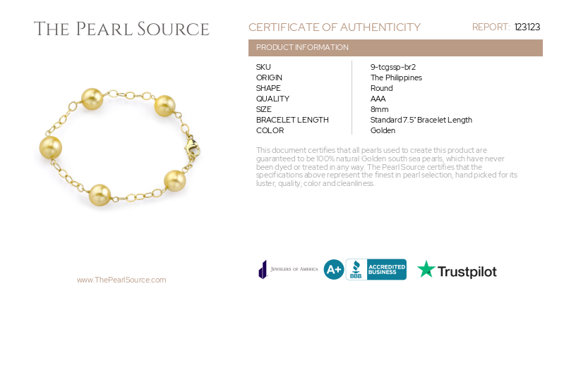 Golden South Sea Round Pearl Tincup Bracelet-Certificate