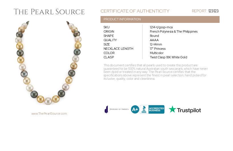 12-14mm South Sea Multicolor Pearl Necklace - AAAA Quality-Certificate